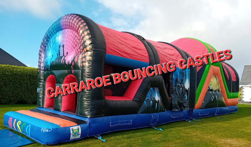 Disco House obstacle course with disco lights and Bluetooth speaker for children’s parties in Galway and Connemara