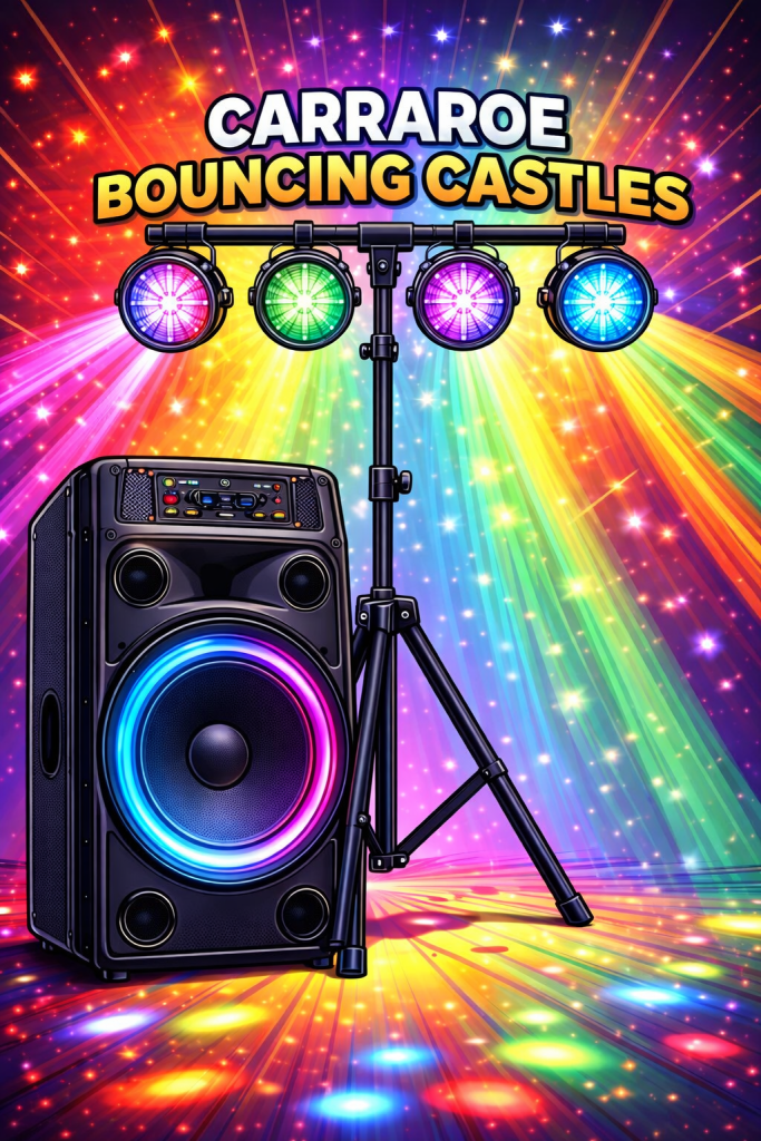 Disco speaker hire Galway and Connemara with Bluetooth PA speaker and disco lights on tripod